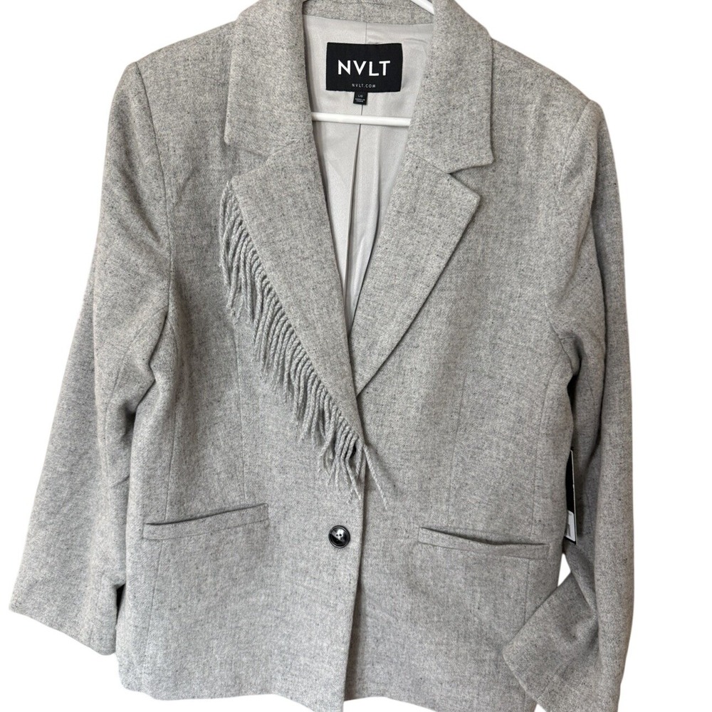 NVLT Fringe Trim Blazer Women L Light Grey NEW Wool Blend Jacket NVLTWF4027